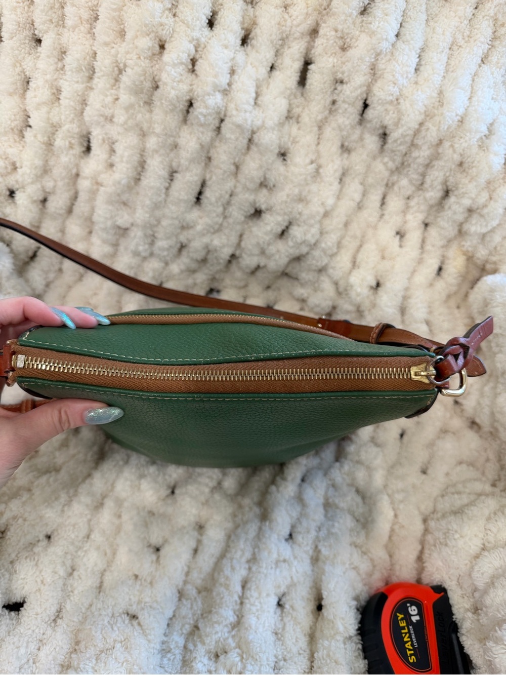Dooney & Bourke Emerald Green Pebbled Leather Shoulder Bag with Brown Trim - Picture 6 of 10